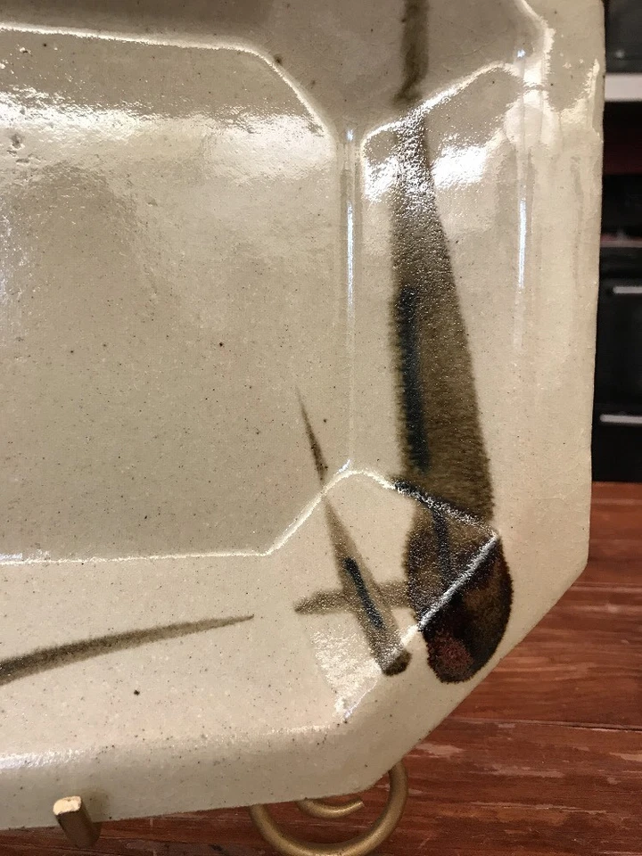 Plato Bandeja para Servir Cerámica Lanzada a Mano 13.5”x9.5” Grande Iris Asiático FIRMADO Foto 3 de 4