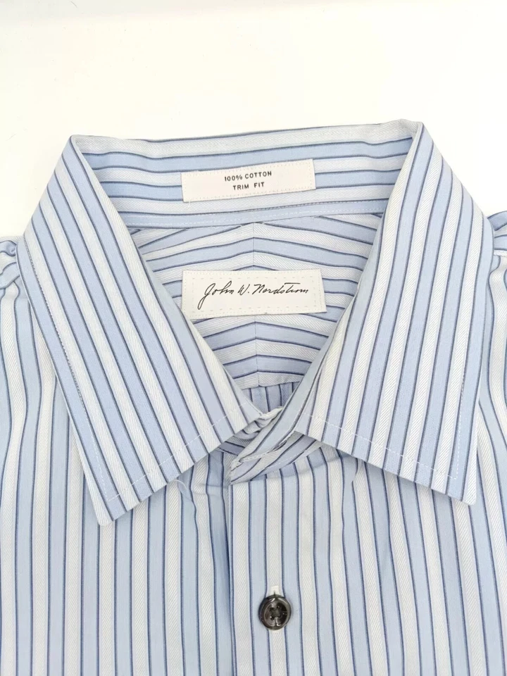 🇺🇲 John W Nordstrom Mens 16.5x33 Blue Stripe 100% Cotton Trim Fit Dress Shirt - Image 3 of 4