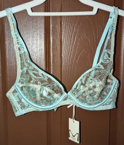 Myla London Columbia Road Lago Blue Embroidered Unlined Underwire Bra 32B NWT
