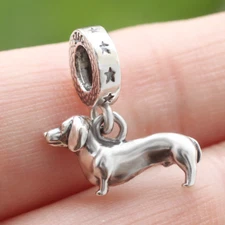 Solid 3D Dachshund Sausage Dog Charm Pendant In 925 Sterling Silver For Bracelet