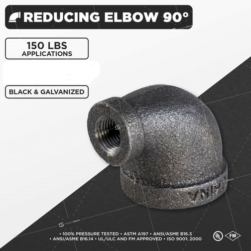 Black Malleable Iron 90° Reducing Elbow Connection 150 lb