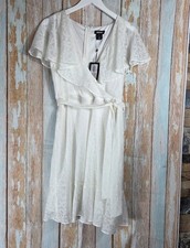 DKNY Ivory Jacquard Wrap Dress V-Neck Flutter Sleeve Tie Waist Size 10