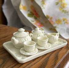 VTG Porcelain Miniature Tea Set Ivory Rose 10 pc Cup Saucer Cream Sugar Teapot