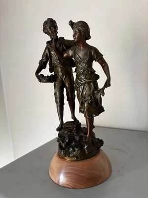 Sculpture Régule Couple Paysans Rousseau Rancoulet Belle Époque 1890 Statue 37cm - Photo 1/4