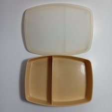 Vintage Tupperware Divided Food Storage Container Lunch Snack Box Tan Clear Lid