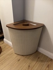 Vintage Corner Laundry Hamper with Lid Retro Plastic Storage Brown Cream Cut Out