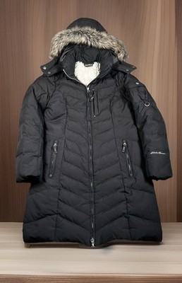 Eddie Bauer Sun Valley Goose Down Parka Women XS Graphite Hood Jacket Coat-EUC