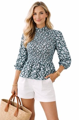 Tuckernuck green floral smocked Rowan top size medium preppy mock neck ruffle