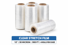 12" x 900ft Clear Stretch Film 30 Micron 4 Rolls/Case Heavy Duty Pallet Wrap