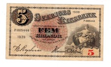 Suede SWEDEN Billet 5 KRONOR 1939 P33 VF GOOD CONDITION