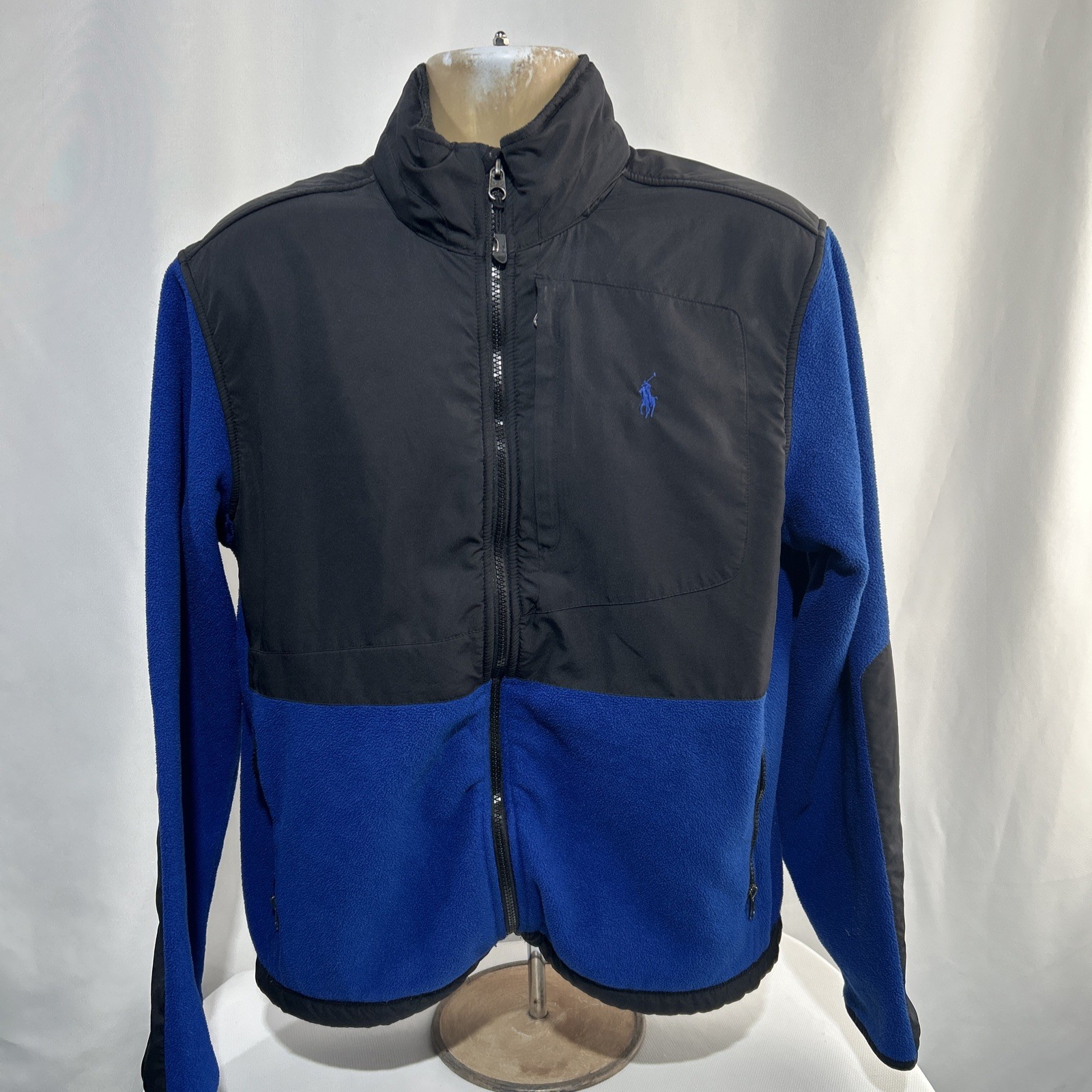 VTG Polo Ralph Lauren Jacket Mens M Blue Black Pony Fleece Bomber Polartec Zip