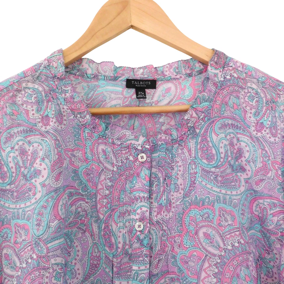 NEW Talbots womens paisley Cotton Top Lightweight Purple Button Up Petite 2X 2XP - Image 2 of 4