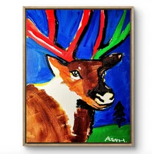 Original Art Reindeer 2 14x11 Colorful Modern Art Christmas Painting on Canvas