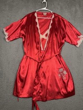 Vintage Secret Treasures Satin Gown  Robe Red Lace Trimmed Chemise Large L