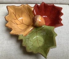 3 Part Ceramic Relish Tidbit Dish Colorful Autumn Leaves Acorn Formation Brands