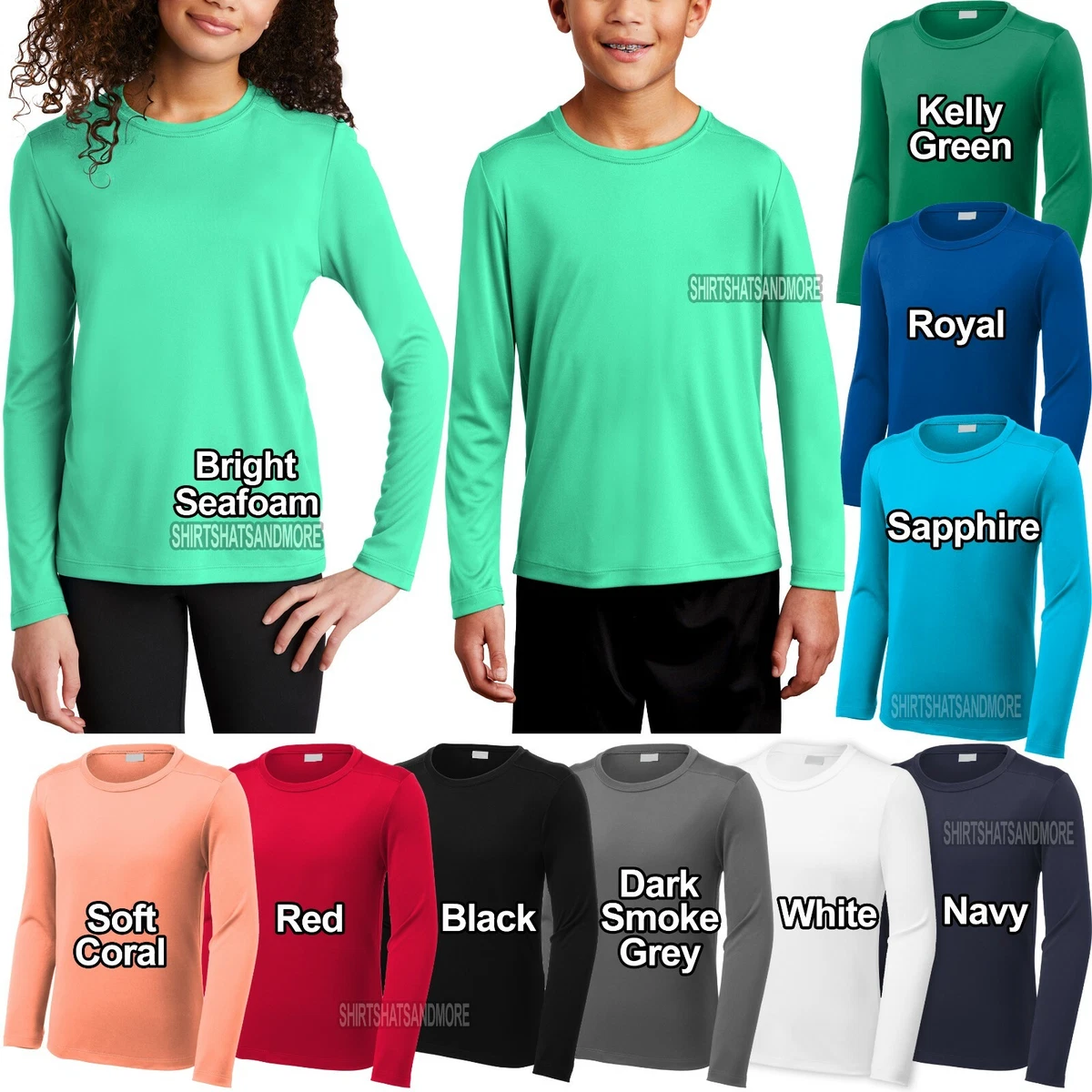 Youth Long Sleeve Fishing T-Shirt UPF 50 UV Moisture Wicking Kids Boy Girl  XS-XL