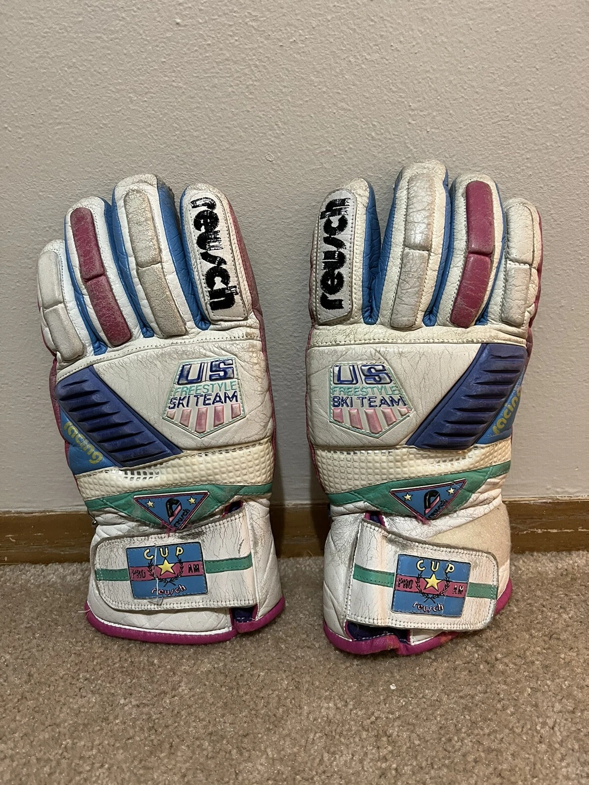 Reusch US Freestyle Ski Team Racing Winter Gloves Vintage 80's Worn Leather