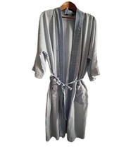 Vintage Bill Blass Kimono Robe Thin Blue and White Stripes With Pockets And Tie