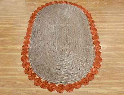 Oval Rund Gezackt Teppich Natürliche Jute Handmade Blau Wohnzimmer 3x5
