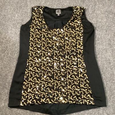 QC Queen Collection Womens Top Large Black Gold Sequin Tank Career Sleeveless