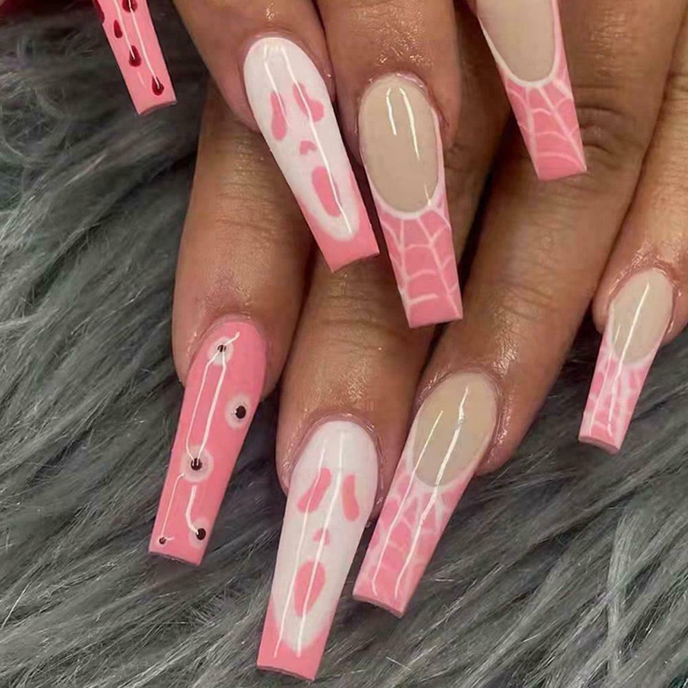 Long Coffin False Nails Grimace Pink French Ballerina Nails Full Lady Cover  L0V7 | eBay