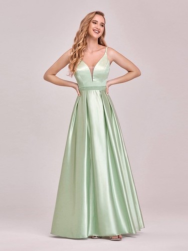 Mint Green, Deep V Neck A-Line Satin Dress with Spaghetti Straps SIZE 16 - Picture 3 of 5