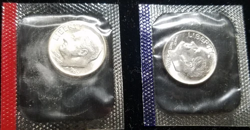 1960-P&D Dimes in Mint Cello - Pair of bright BU silver coins. Original sealed