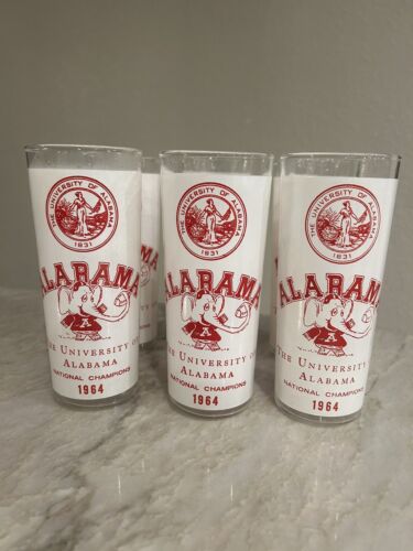 Vintage 1964 Alabama Crimson Tide National Championship Set Of 6 Glasses - Rare!