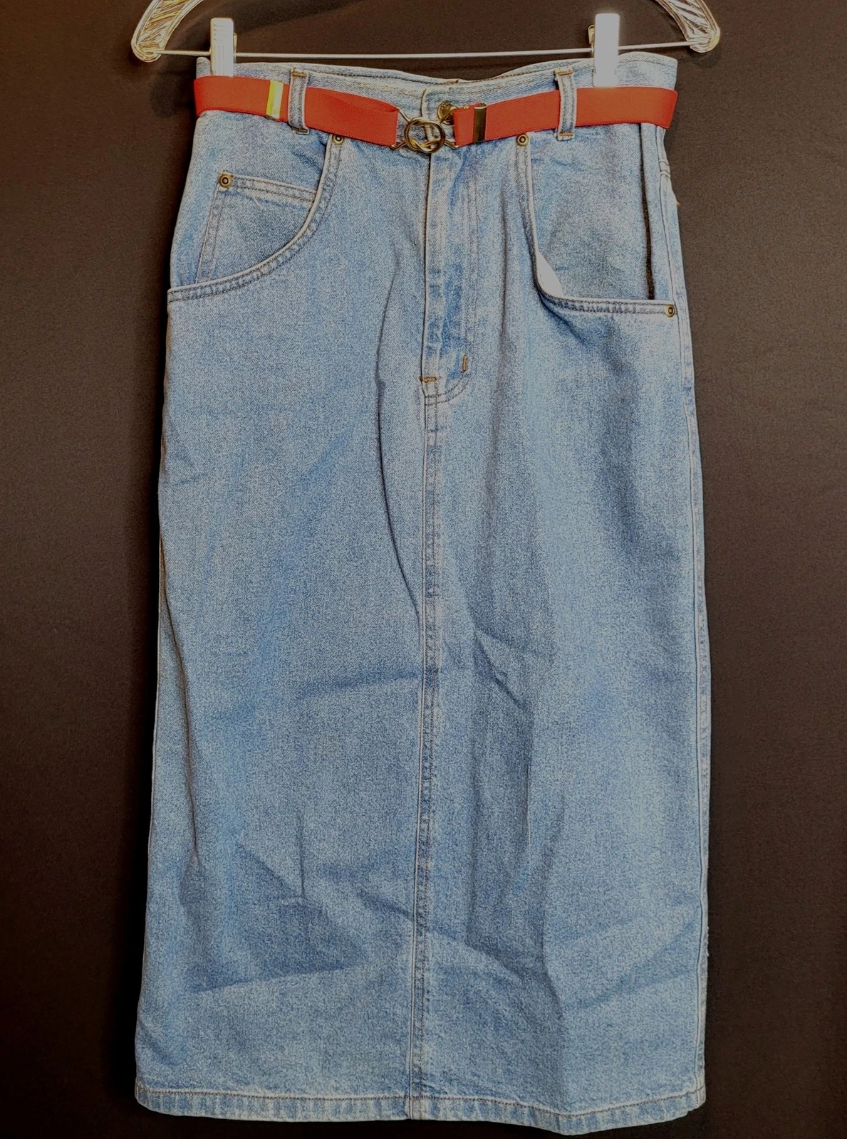 Vintage Denim Skirt Long Below Knee Red Belt Trend Basics Small Cotton