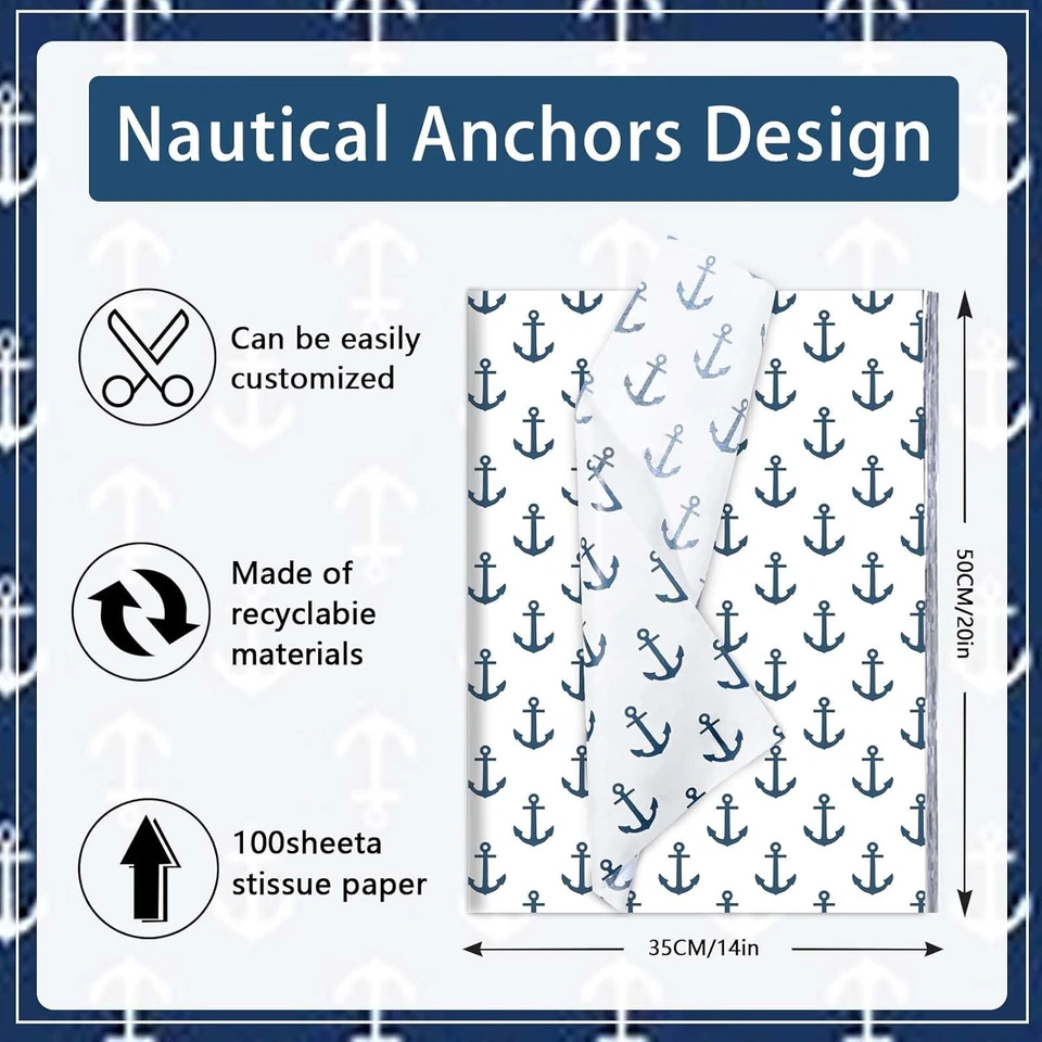 100Sheets Nautical Tissue Paper for Gift Wrapping Anchor Printed Tissue Paper fo - Image 2 of 4