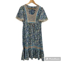 Vintage Trolley Car Dress Sz 11 Blue Floral Lace Square Neck Midi Ruffle Prairie