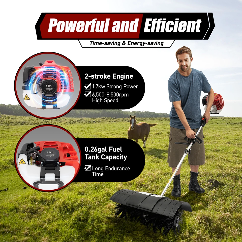 52CC Handheld Sweeper Broom Gas Power Driveway Turf Artificial Grass Snow Clean - Image 2 of 4