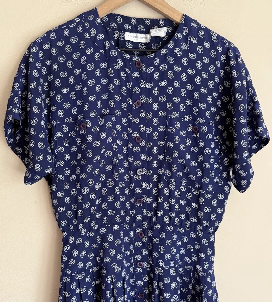 Vestido Vintage Liz Claiborne Camisa Botón Azul Marino Años 80 90 Mujer Talla 8 8P Petites Foto 3 de 4