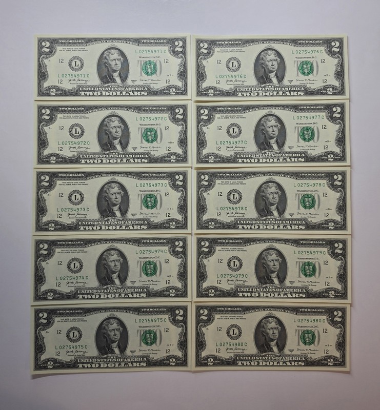 2017A Two Dollar *Uncirculated/Consecutive* Federal Reserve Notes ($2 Lot of 10)