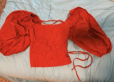 Kens Women's Orange Linen Cotton Cropped Puff Sleeve Lace-Up Blouse M