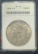 1896-O New Orleans Morgan Silver AU 50 Vintage ANACS Soapbox Holder.  Toned.