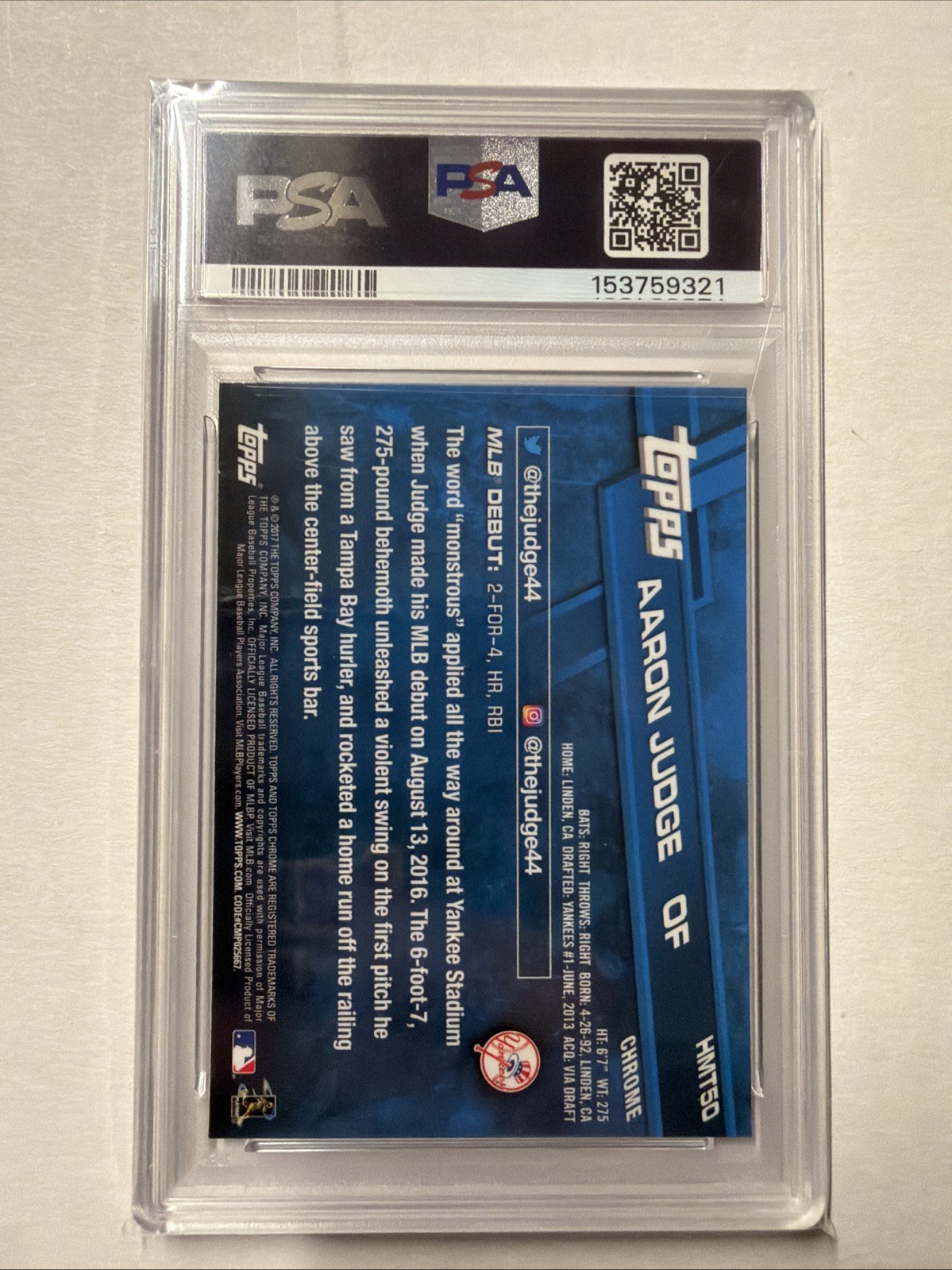 Aaron Judge 2017 Topps Chrome Update #HMT50 PSA 9 Mint Yankees Rookie RC view 2