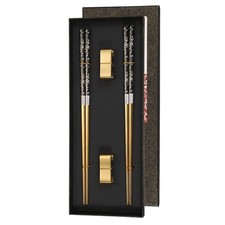 2 Pairs 23.5cm Stainless Steel Chopsticks, Black Gold with Gold Holder