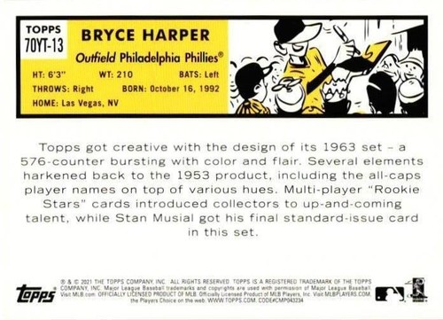 2021 Topps #70YT-13 Bryce Harper 70 Years of Topps Baseball (Series 1) - Bild 2 von 2