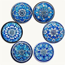 Blue Mosaic Mandala Coasters Set of 6 Wooden Drinks Mats Gift