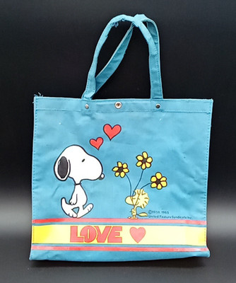 Vintage 1965 Peanuts Blue 11.5'' x 12.5'' Canvas Bag Snoopy & Woodstock LOVE  