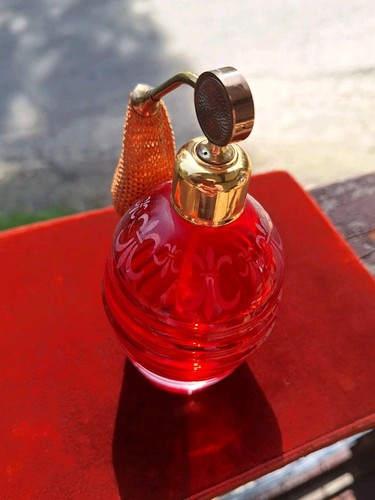 Beautiful Antique Red Spritzer Perfume Bottle with Etched Fleur-de-lis Design