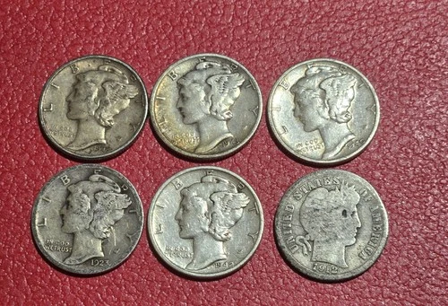 Lot Of 6 Silver Dimes Mercury And Barber 1912, 23, 40, 42s, 43s, 45 Nice Toners