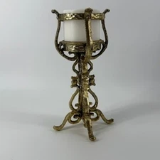 Vintage Ornate Gold Tone Metal Candlestick Holder With White Candle 10"