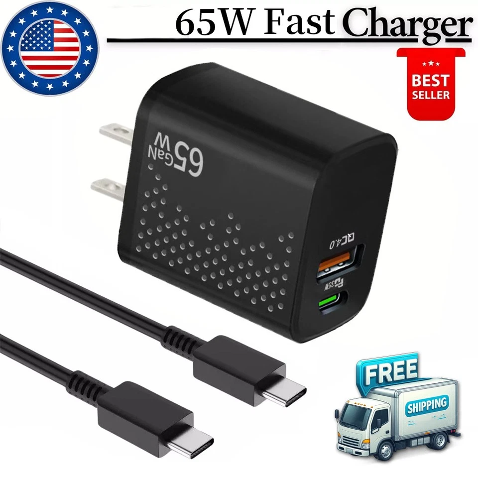 THE-PHONE-ZONE 65W USB-C Dual Port Fast Charger PD Adapter + Cable For Samsung Galaxy S23 S22