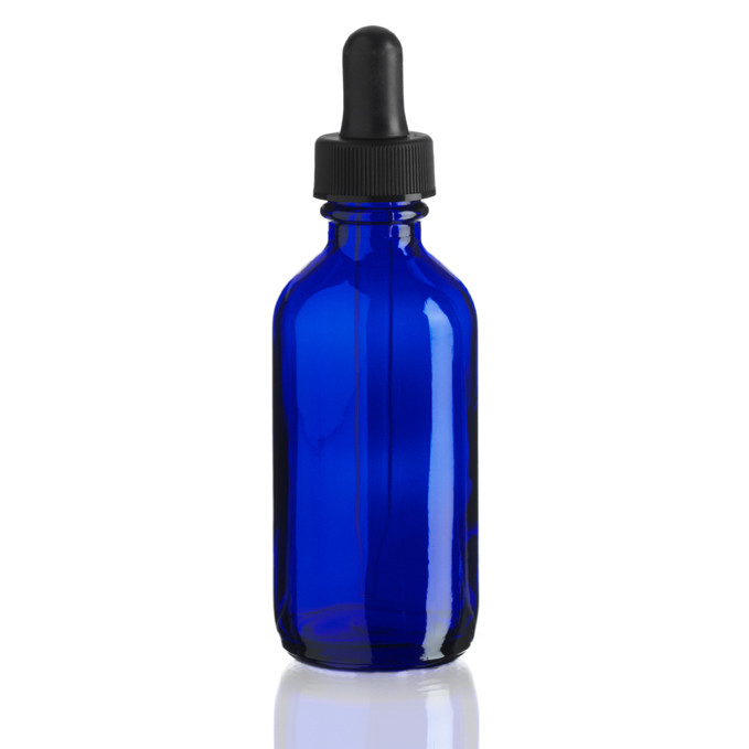 2oz Cobalt Blue Boston round Glass Bottle with Black Dropper - Choose Quanity