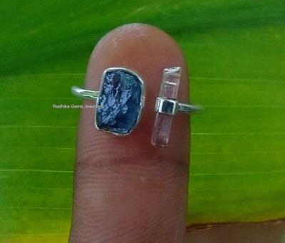 Natural Blue Rock Tourmaline Pencil  Ring ,925 Sterling Silver Ring Size 5.75 US