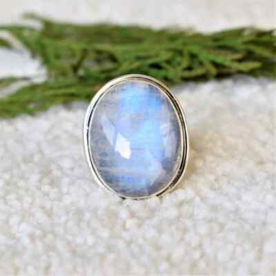 Moonstone Blue Fire Ring Stacking Ring 925Sterling Silver Boho Ring Wedding Gift