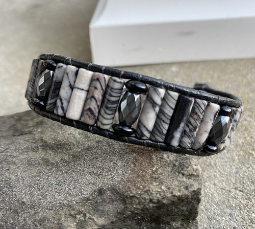 Men's Spiderweb Jasper Beaded Black Leather Bracelet - Picture 5 of 6