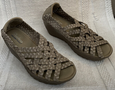 Skechers Woven Criss Cross Strappy Wedge Taupe shoes Women's